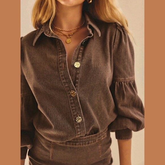 Tops - Brown Denim Button Front Shirt with Bishop Sleeves